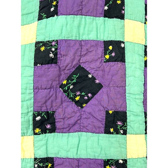 Antique Hand Stitched Square Patchwork Lattice Quilt Cream Backing 64W X 74L Rck - Picture 9 of 12